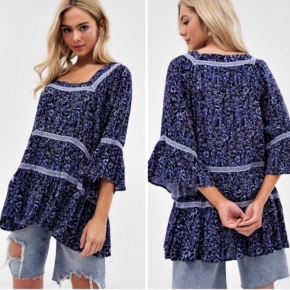 Free People Navy Blue Floral Boho Peasant Blouse